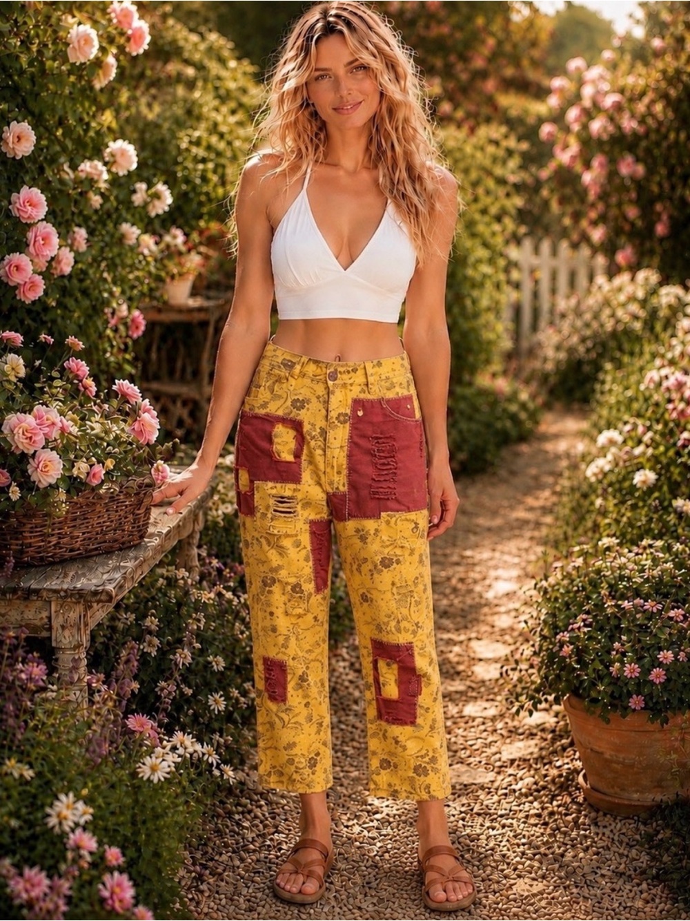 🆕 Blue Velvet Yellow Floral Cropped Pants w Maroon Patchwork. L/XL NWT!🔥🔥